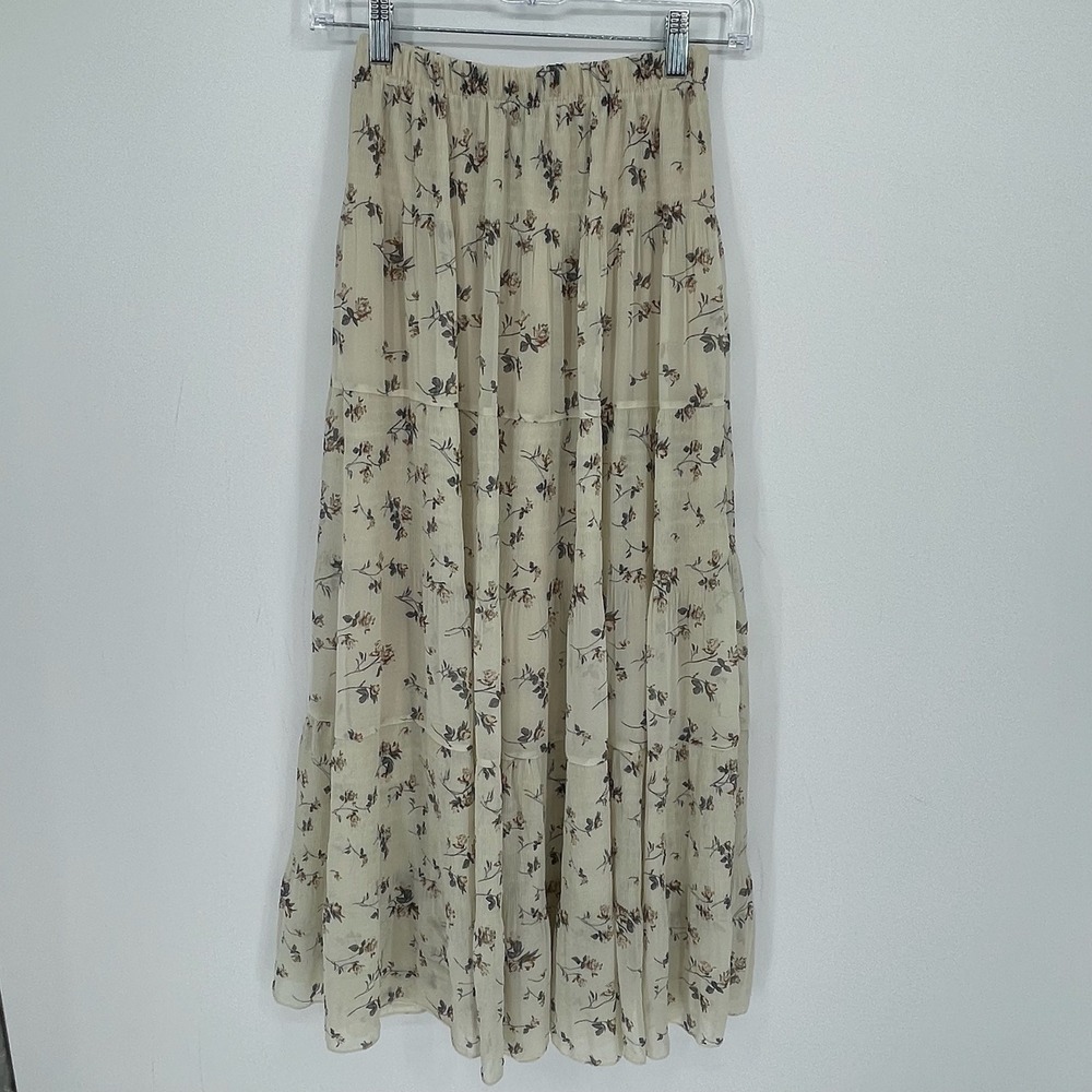 Nashalyly Women's Cream Floral Tiered Prairie Cottagecore Boho Maxi Skirt Size S